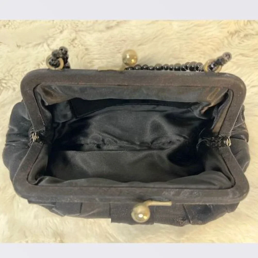 La Regale Black Satin Ruched Evening Bag with Beaded Handle & Kissing Lock Snap